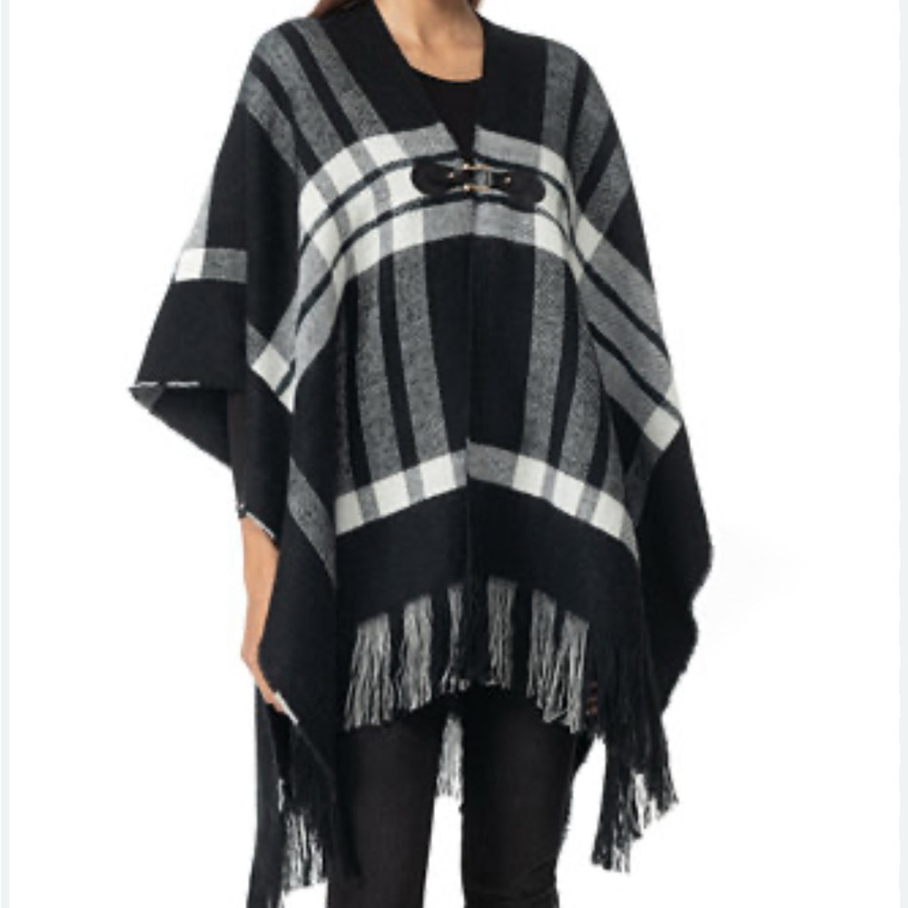 Charter Club Black & Gray Plaid Fringe Poncho Wrap – One Size
